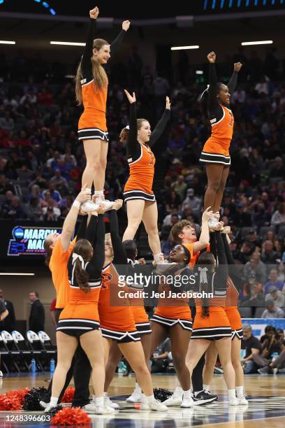The Princeton Tigers cheerleaders perform during the game against the Arizona Wildcats during the first round of the 2023 NCAA Men's Basketball...