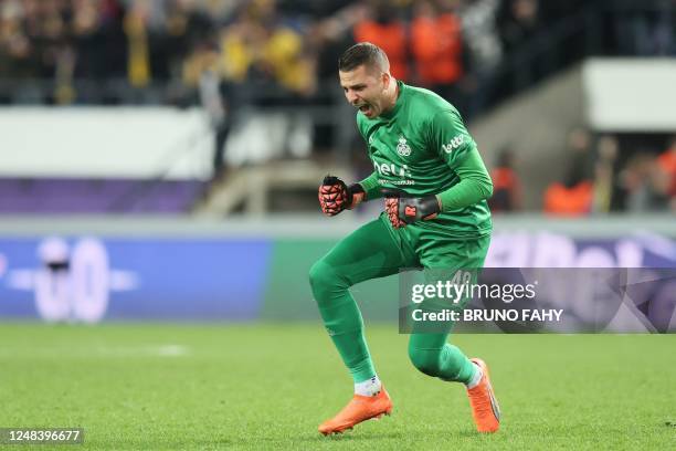 Union's goalkeeper Anthony Moris celebrates during a soccer game between Belgian Royale Union Saint-Gilloise and German Union Berlin, Thursday 16...