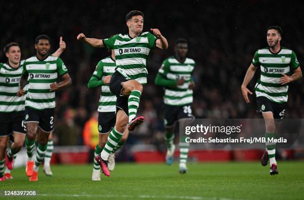 Pedro Goncalves of Sporting CP celebrates after scoring a goal during the UEFA Europa League round of 16 leg two match between Arsenal FC and...