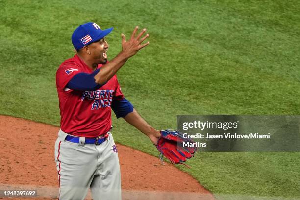 Edwin Diaz of the Puerto Rico celebrates after defeating the Dominican Republic team at loanDepot park on March 15, 2023 in Miami, Florida.