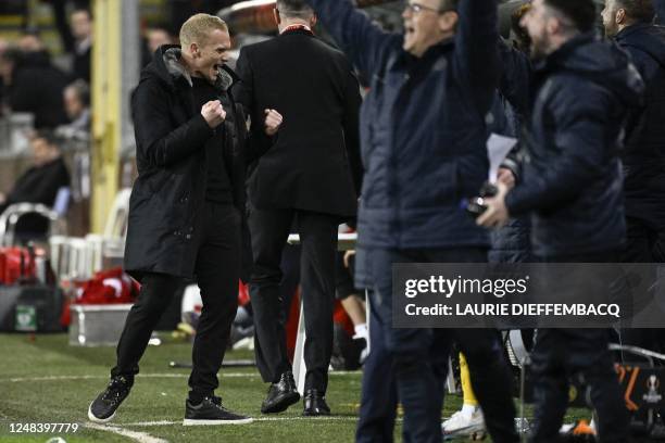 Union's head coach Karel Geraerts celebrates after winning a soccer game between Belgian Royale Union Saint-Gilloise and German Union Berlin,...