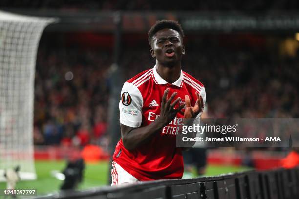 Bukayo Saka of Arsenal reacts during the UEFA Europa League round of 16 leg two match between Arsenal FC and Sporting CP at Emirates Stadium on March...