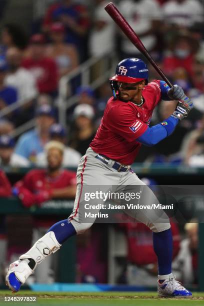 Francisco Lindor bats in the 2nd inning against the Dominican Republic at loanDepot park on March 15, 2023 in Miami, Florida.
