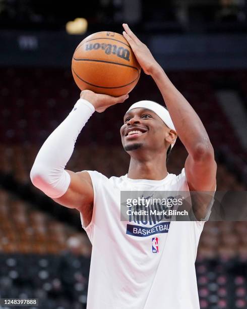 Shai Gilgeous-Alexander of the Oklahoma City Thunder warms up prior to the game against the Toronto Raptors at the Scotiabank Arena on March 16, 2023...