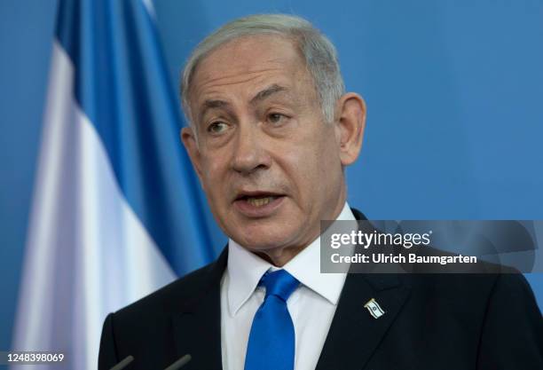 German Chancellor Olaf Scholz and Israeli Prime Minister Benjamin Netanyahu speak to the media following talks at the Chancellery on March 16, 2023...