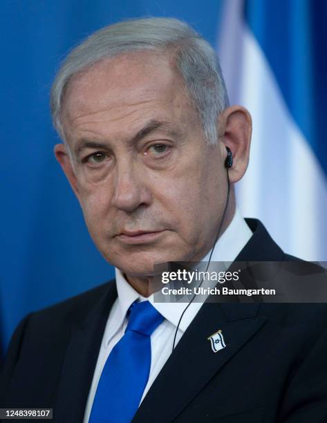 German Chancellor Olaf Scholz and Israeli Prime Minister Benjamin Netanyahu speak to the media following talks at the Chancellery on March 16, 2023...