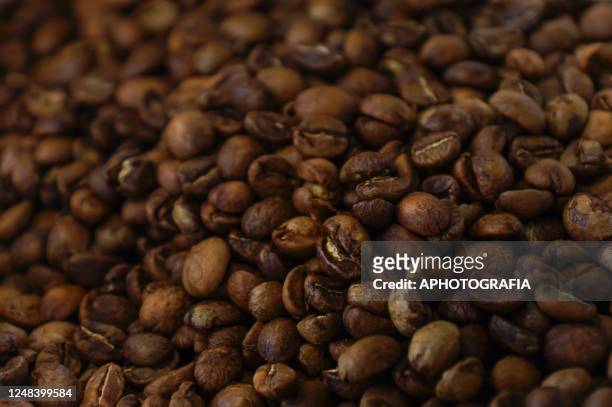 Detail of roasted coffee beans during the sixth edition of the international event of the Producer and Roasters Forum at Nuevo Cuscatlán on March 16,...