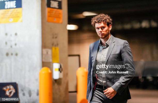 Jeremy Lauzon of the Nashville Predators arrives for an NHL game against the Chicago Blackhawks at Bridgestone Arena on March 16, 2023 in Nashville,...