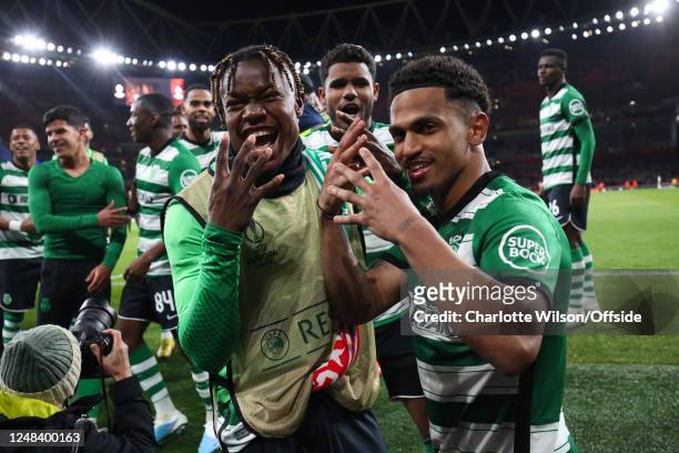 Abdul Fatawu of Sporting CP and Marcus Edwards of Sporting CP celebrate victory during the UEFA Europa League round of 16 leg two match between...