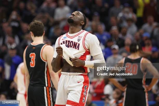 Courtney Ramey of the Arizona Wildcats looks on late in a loss against the Princeton Tigers during the first round of the 2023 NCAA Men's Basketball...