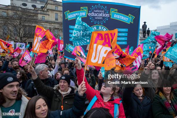 Teachers who are members of the National Education Union attend a Budget Day strike rally in Trafalgar Square on 15 March 2023 in London, United...