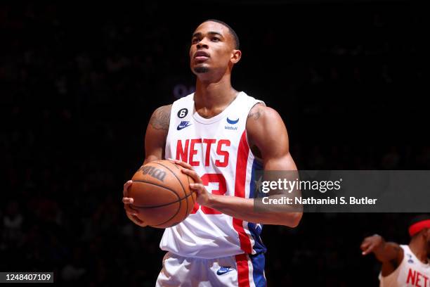 Nicolas Claxton of the Brooklyn Nets prepares to shoot a free throw during the game against the Sacramento Kings on March 16, 2023 at Barclays Center...