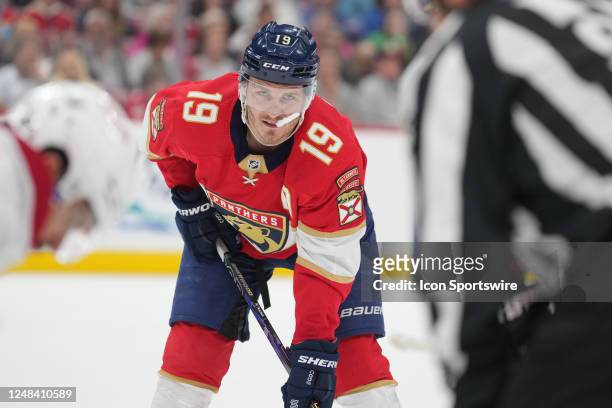 Florida Panthers left wing Matthew Tkachuk waits for a face-off during the game between the Montreal Canadiens and the Florida Panthers on Thursday,...