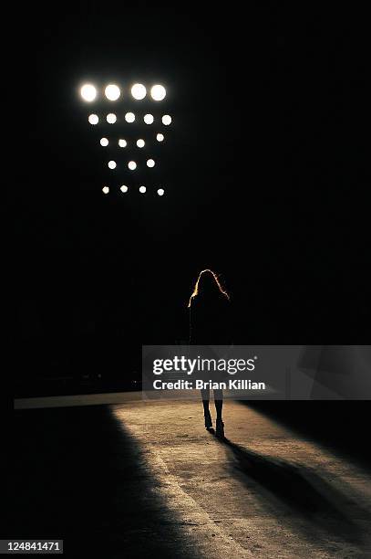 Model walks the runway during rehearsal just before the Edun Spring 2012 fashion show during Mercedes-Benz Fashion Week at 330 West Street on...