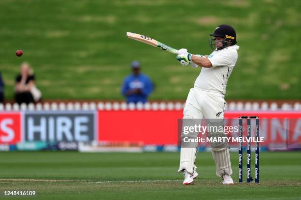 New Zealand's Tom Latham plays a shot on day one of the second Test cricket match between New Zealand and Sri Lanka at the Basin Reserve in...