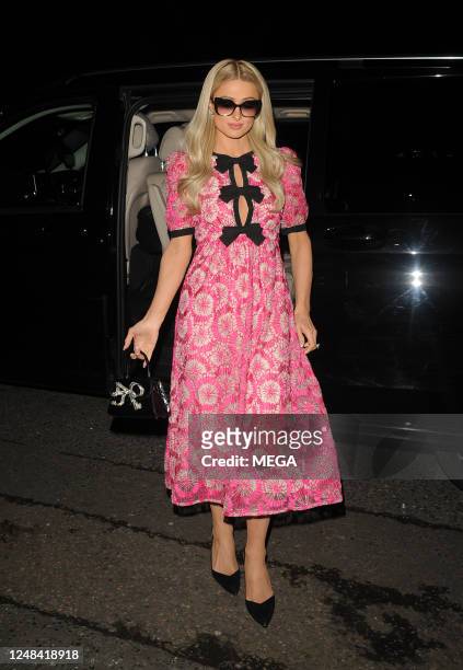 Paris Hilton is seen leaving the BBC studios on March 16, 2023 in London, United Kingdom.