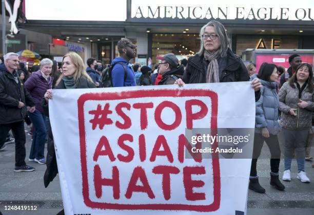 Asian Americans are gathered at the Times Square to protest Asian-Hate in New York City, United States on March 16, 2023.
