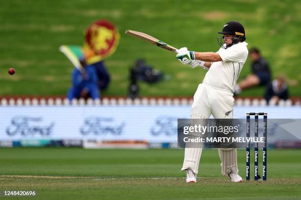 New Zealand's Tom Latham plays a shot on day one of the second Test cricket match between New Zealand and Sri Lanka at the Basin Reserve in...