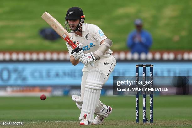 New Zealand's Kane Williamson plays a shot on day one of the second Test cricket match between New Zealand and Sri Lanka at the Basin Reserve in...