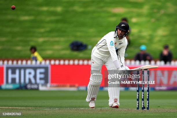 New Zealand's Devon Conway plays a shot on day one of the second Test cricket match between New Zealand and Sri Lanka at the Basin Reserve in...