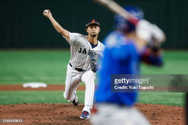 Yu Darvish of Team Japan pitches in the seventh inning during the 2023 World Baseball Classic Quarterfinal game between Team Italy and Team Japan at...