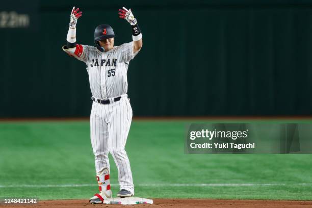 Munetaka Murakami of Team Japan reacts on second base after hitting a one RBI double in the fifth inning during the 2023 World Baseball Classic...