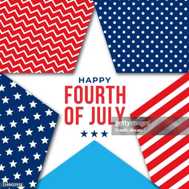 ilustraciones, imágenes clip art, dibujos animados e iconos de stock de feliz 4 de julio - saludo del día de la independencia de estados unidos. diseño para publicidad, cartel, banners, folletos, tarjeta, folletos y antecedentes. - julio