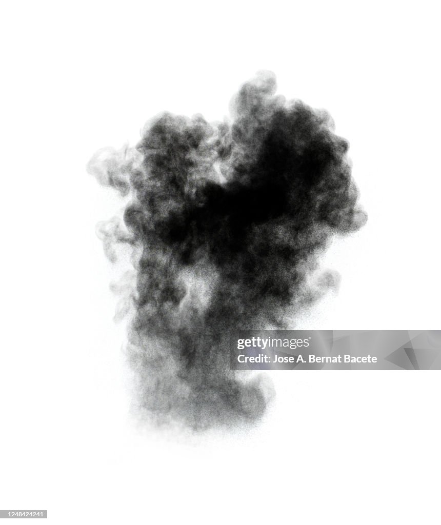 Explosion by an impact of a cloud of particles of powder and smoke of black color on a white background.