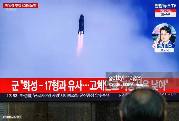 Tv screen at Yongsan railway station shows a news bulletin about North Korea's long-range ballistic missile launch. North Korea fired a long-range...