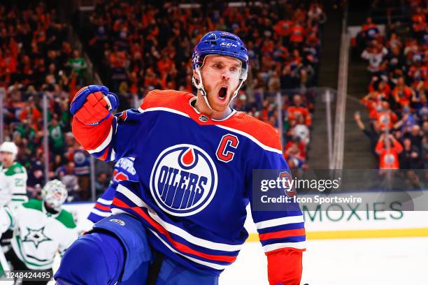 Edmonton Oilers Center Connor McDavid celebrates his goal and 131st point in the third period of the Edmonton Oilers game versus the Dallas Stars on...