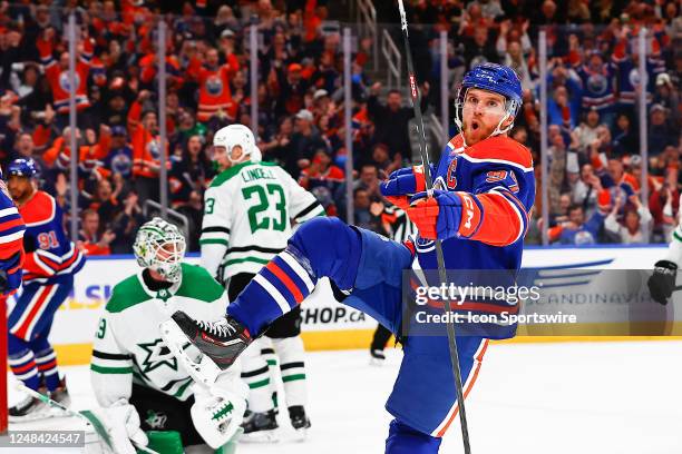 Edmonton Oilers Center Connor McDavid celebrates his goal and 131st point in the third period of the Edmonton Oilers game versus the Dallas Stars on...