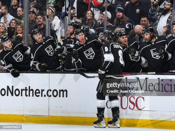 Drew Doughty of the Los Angeles Kings celebrates his goal with teammates during the second period against the Columbus Blue Jackets at Crypto.com...