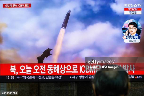 Tv screen at Yongsan railway station shows a news bulletin about North Korea's long-range ballistic missile launch. North Korea fired a long-range...