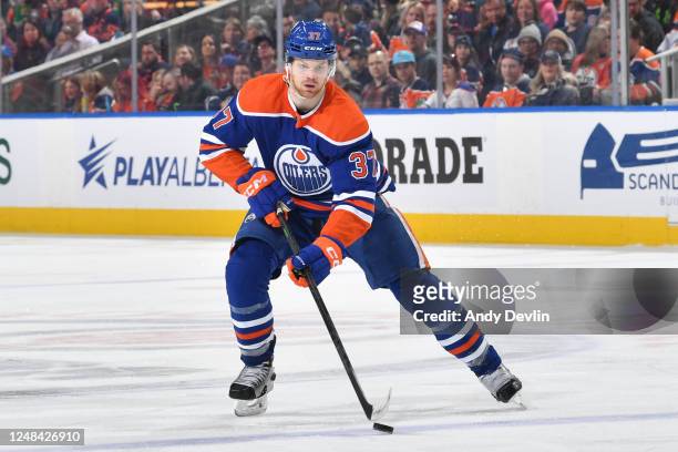 Warren Foegele of the Edmonton Oilers skates during the game against the Dallas Stars on March 16, 2023 at Rogers Place in Edmonton, Alberta, Canada.