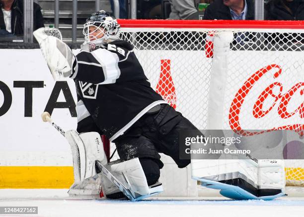 Pheonix Copley of the Los Angeles Kings protects the goal during the second period against the Columbus Blue Jackets at Crypto.com Arena on March 16,...