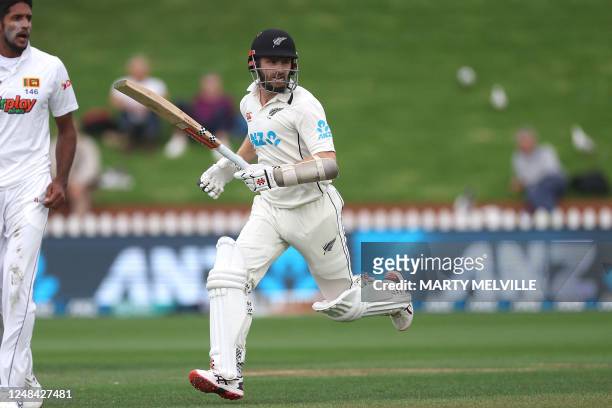 New Zealand's Kane Williamson makes a run on day one of the second Test cricket match between New Zealand and Sri Lanka at the Basin Reserve in...