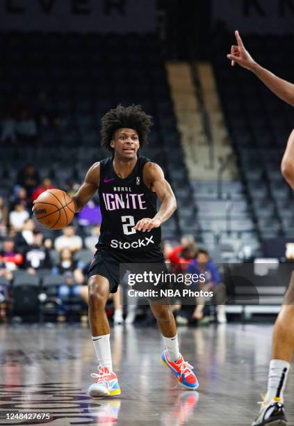 London Johnson of the G League Ignite handles the ball during the game on March 16, 2023 at Dollar Loan Center in Henderson, Nevada. NOTE TO USER:...