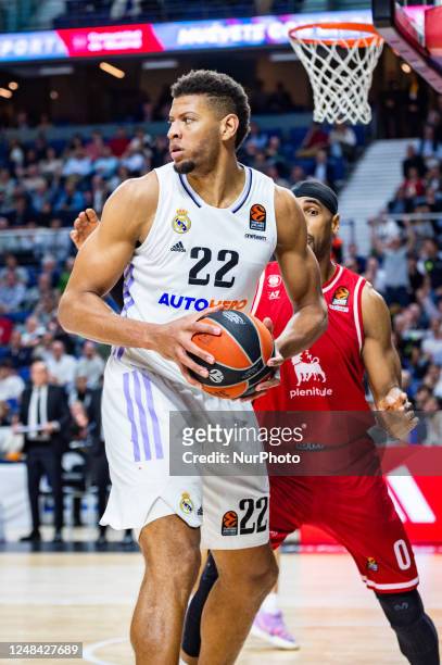 Edy Tavares and Brandon Davies in action during the basketball match between Real Madrid and EA7 Emporio Armani Olimpia Milano valid for the matchday...
