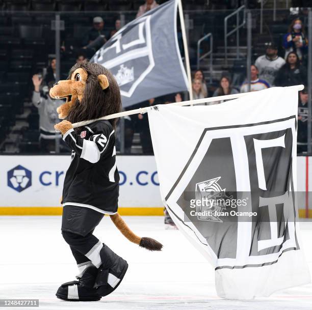 Los Angeles Kings Mascot Bailey celebrates after their victory against the Columbus Blue Jackets at Crypto.com Arena on March 16, 2023 in Los...