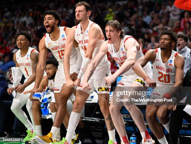 The Maryland bench reacts to a 2nd half score during the University of Marylands defeat of West Virginia 67-65 in the mens NCAA basketball tournament...