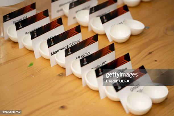 General view of the draw cards ahead of the UEFA Europa League 2022/23 Quarter-finals and Semi-finals Draw at the UEFA Headquarters, The House of the...