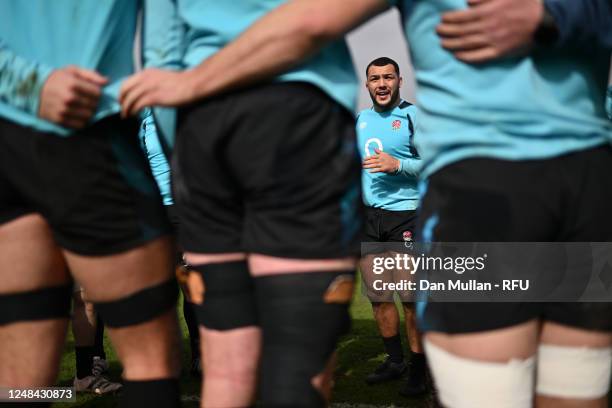 Ellis Genge of England talks to his team mates during a training session at Pennyhill Park on March 13, 2023 in Bagshot, England.