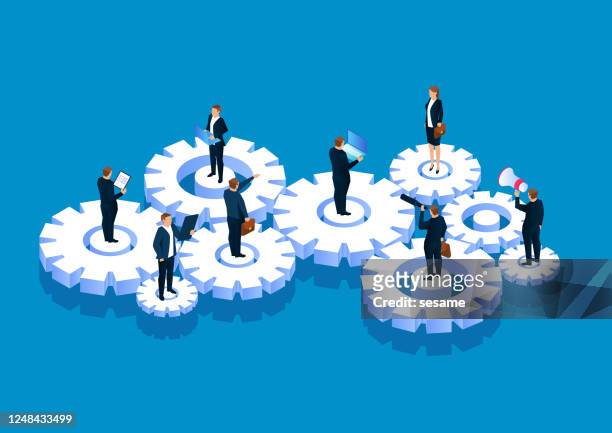 teamwork and operation, business people stand on gears - running gear stock illustrations