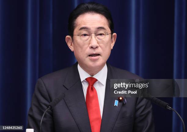 Japanese Prime Minister Fumio Kishida speaks about his parent policy at a press conference at his official residence on March 17, 2023 in Tokyo,...