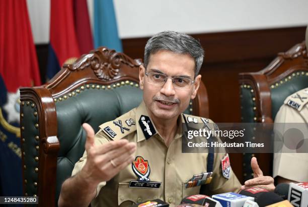 Punjab Gaurav Yadav along with other senior officials of Punjab Police interacting with media on Lawrence Bhishnoi case at Police head quarter on...