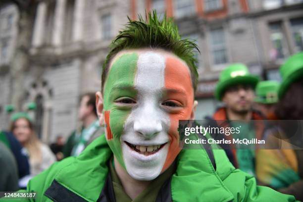 Revellers prepare for the St Patrick's Day Parade on March 17, 2023 in Dublin, Ireland. 17th March is the feast day of Saint Patrick commemorating...