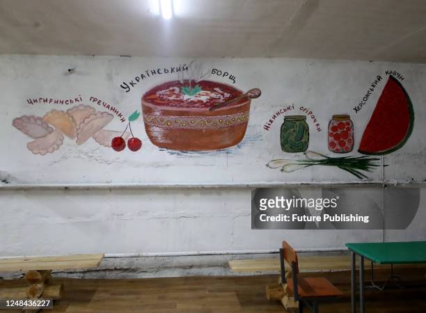 Drawings cover the wall in the bomb shelter set up by the students and teachers of Chyhyryn Lyceum N2, Chyhyryn, Cherkasy Region, central Ukraine.