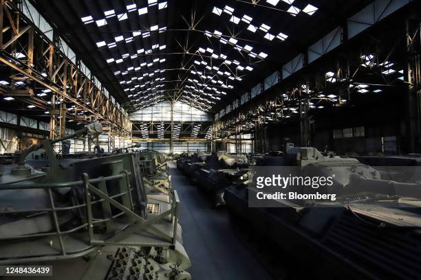 Lines of German-made Leopard 1 tanks at an OIP Land Systems SA hangar in Tournai, Belgium, on Wednesday, March 15, 2023. German Defense Minister...