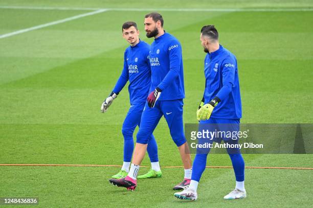 Lucas LAVALLEE, Gianluigi DONNARUMMA of PSG and Alexandre LETELLIER of PSG during the Training Session of PSG at Ooredoo Center on March 17, 2023 in...