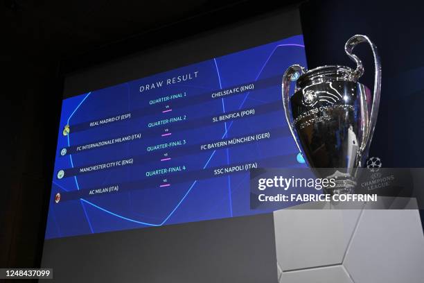 This photograph shows the draw result for the quarter-final and the trophy of the 2022-2023 UEFA Champions League football tournament, in Nyon, on...